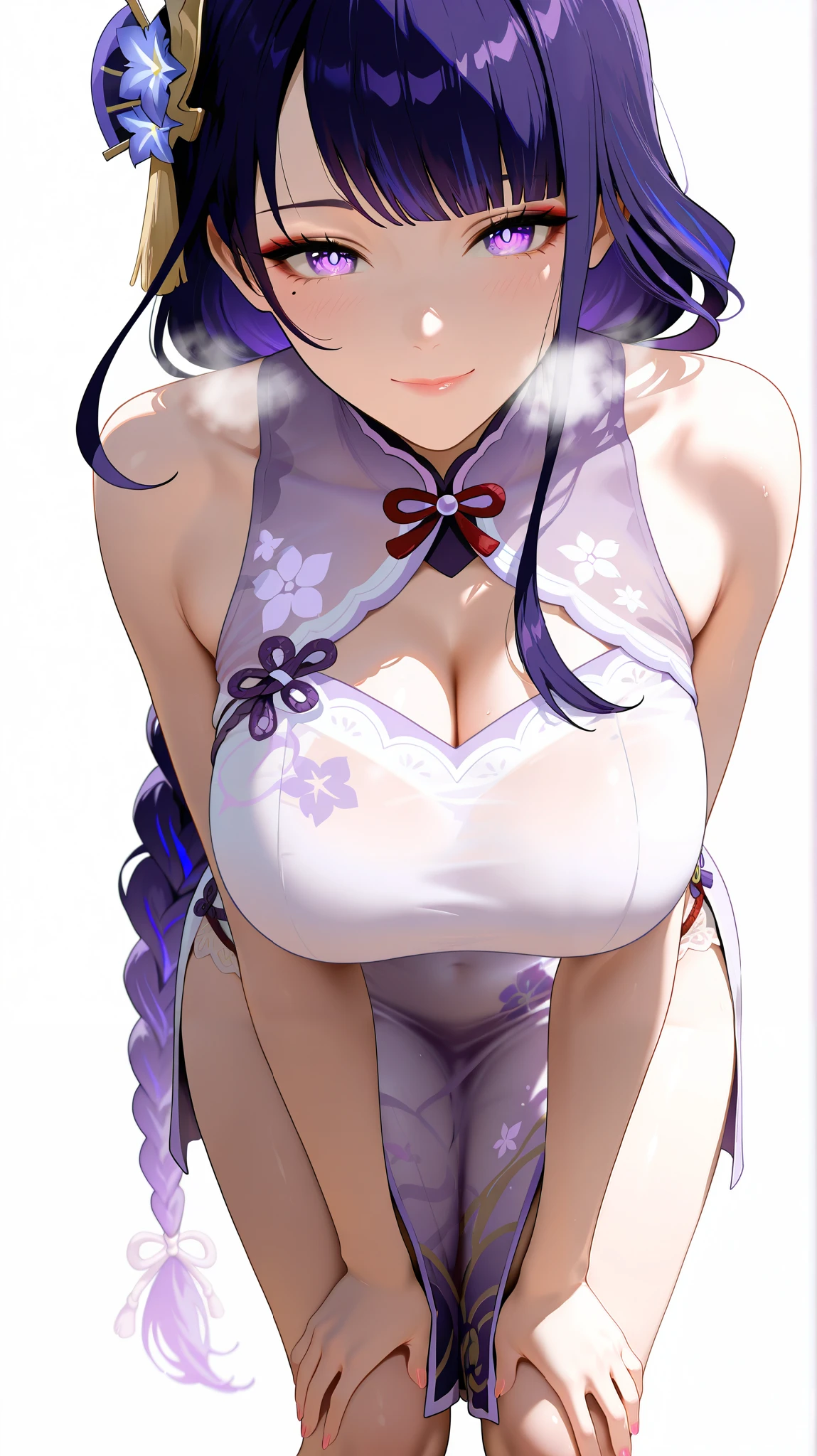 masterpiece, best quality, amazing quality, 1girl, Raiden Shogun, Genshin Impact, purple eyes, purple hair, long hair, white Chinese cheongsam, beautiful legs, white legs, smile, close up shot, simple background, medium size , golden ratio face, Sleeveless top, side-open skirt, looks happy, blushes, breathes heavily, has a breathing effect, leaning forward, anime face, anime realistic face.