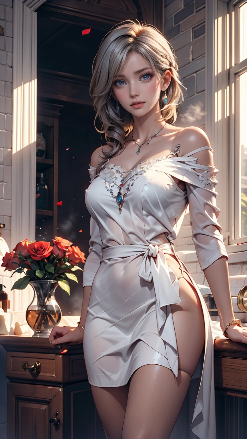 ((realista: 1.5)),((melhor qualidade)), ((obra-prima)),((detalhado)),mulher, cabelos castanhos, com franja, vestido sexy, colado, seios medios, decote, sexy,, vulgar
