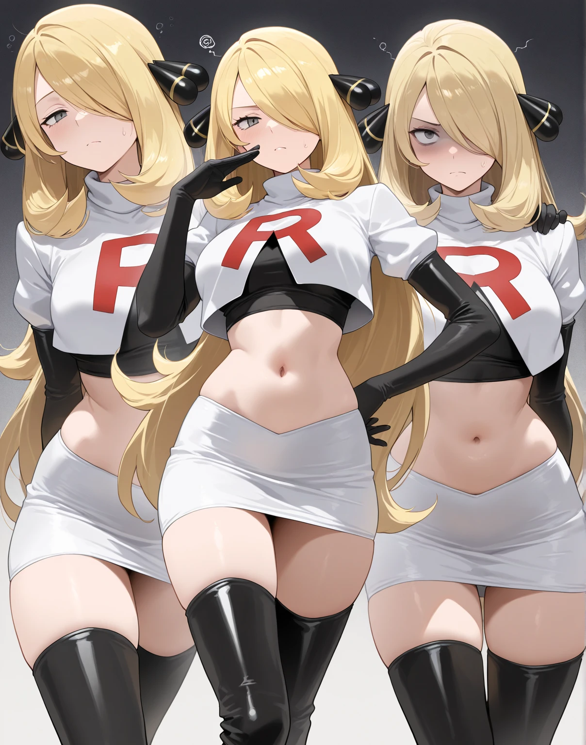 mythra \(xenoblade\), blond hair, yellow eyes, team rocket uniform, red letter R, white skirt,white crop top,black thigh-high boots, black elbow gloves, evil laugh,