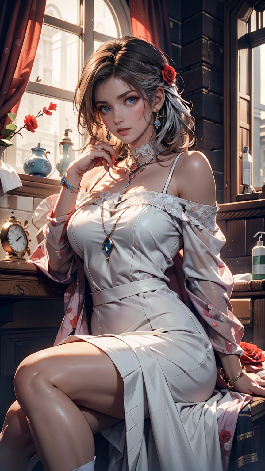 (8K, RAW Photos, Highest quality, masterpiece:1.2), (Realistic, photo-Realistic:1.37)、Fashion model body type、Having her hair done、 chest is popping out、Wear accessories on your wrist、Wearing accessories on the ankle、smile、White women、Platinum Blonde、blue eyes、Two Side Up((hair two side up))、Illusion Neck((illusion neck))Wear a dress、Wear mules、smile
、Tropical、Wear a lace choker