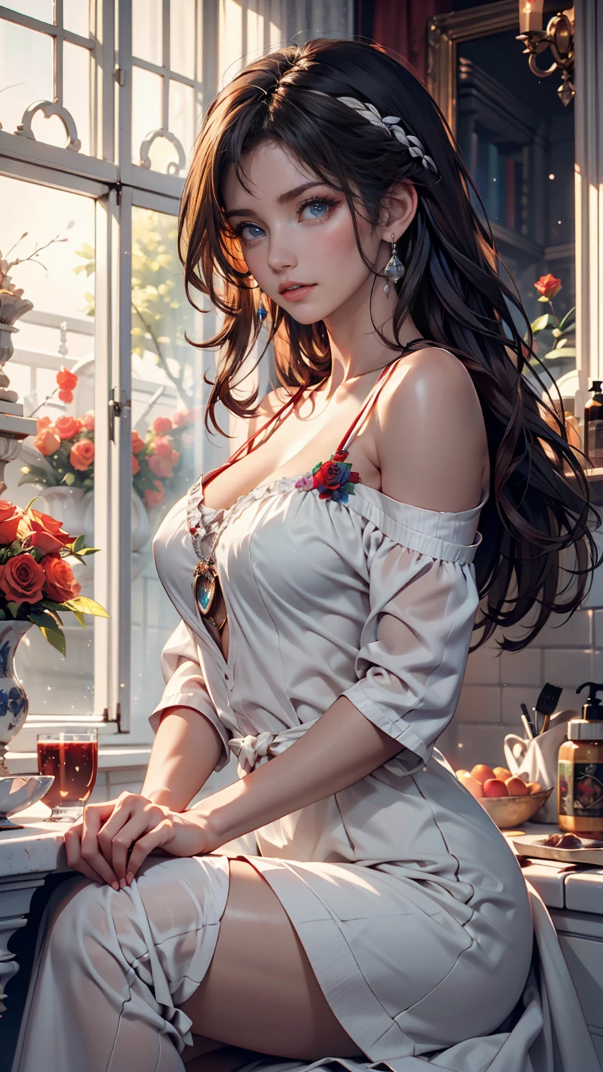 A young girl is holding a coffee cup in her hand, Girl cute beautiful face, Cute natural anime face, With a cute - lovely - face, sakimi chan, Chiho, Yoshitomo Nara, Young and pretty face, Beautiful Japanese girl face, 茶色の髪とBig eyes, pretty girl, Beautiful light、Big eyes、Sexy proportions、Sexy、Narrow waist、Attach a necklace、Wear accessories on your wrist、Wear sandals、