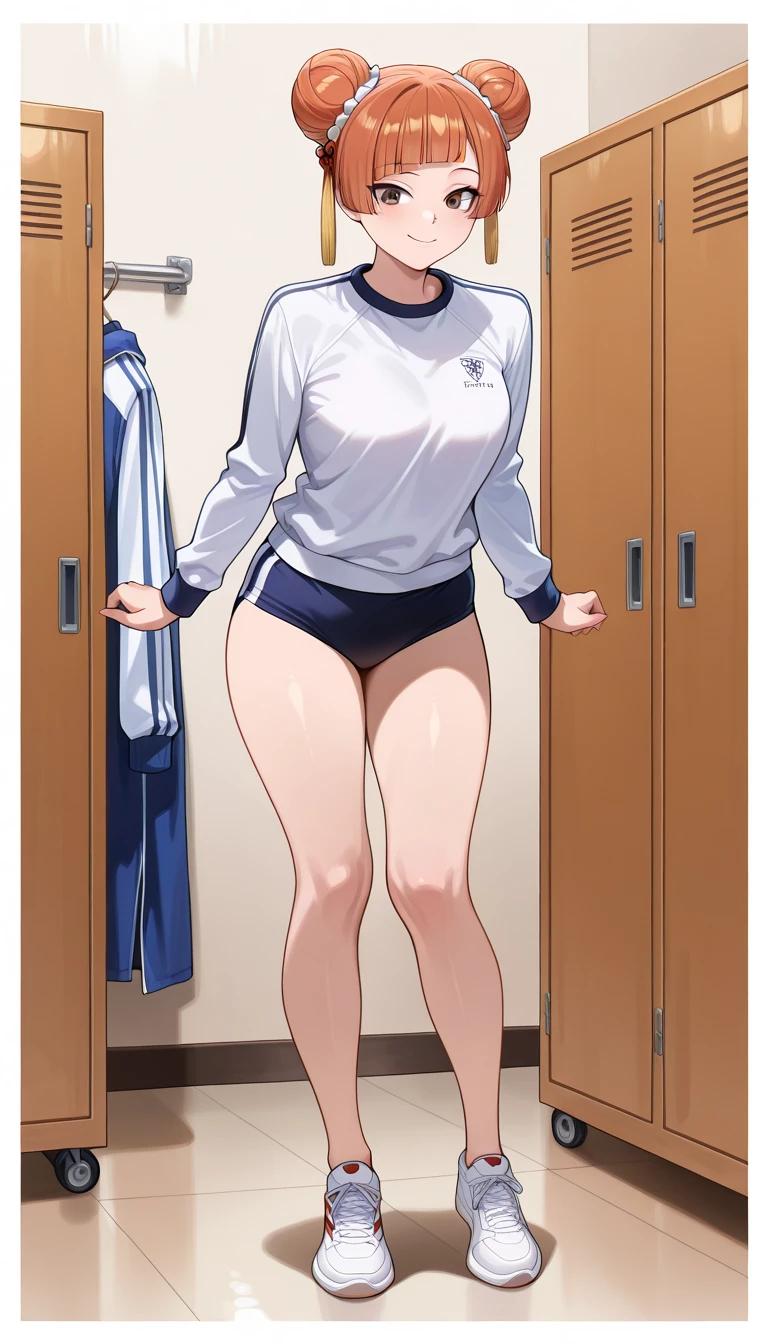 (beautiful girl : 1.3),1 girl,(LaufenSSNF,orange hair,short hair,double bun,blunt bangs,brown eyes,tassel hair ornament),(white gym clothes, Long Sleeve,Dark blue buruma,sneakers, pubic hair),smile, is embarrassing,blushes,changing room,masterpiece,top quality,ultra high definition,rich contrast to be packed,high image quality,8k,High Definition CG Unit Wallpaper,texture,unbelievably absurd,ultra high definition, RAW photos , deep border 1 .2,very detailed