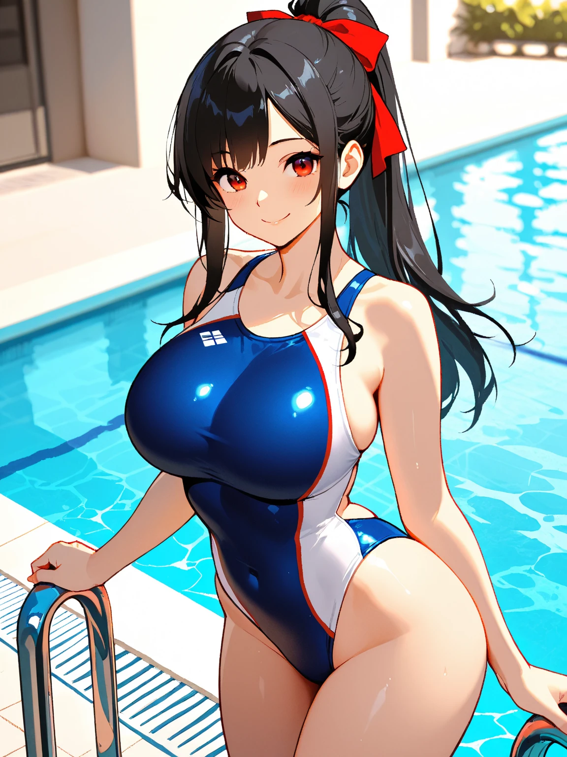 best quality, 1girl, masterpiece ultra detailed, illustration, yang guifei, glossy lips, pool, standing, (swimsuit), light smile, 