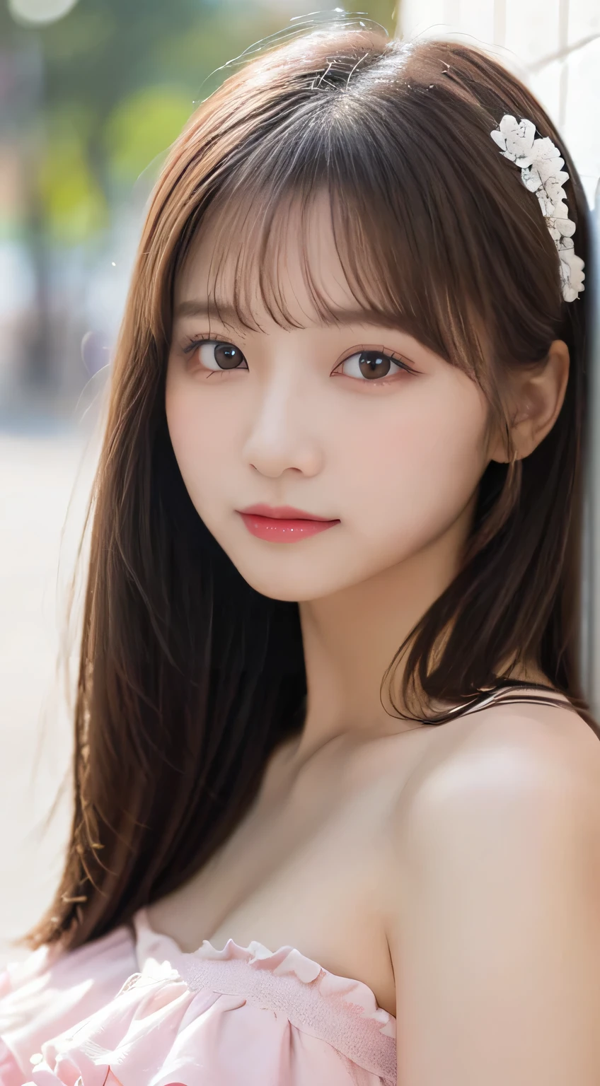 (beautiful girl、cute face、stares at viewers:1.3)、top quality,8K image、 perfect double eyelids、happy、natural color makeup、Moist lips、white skin、(straight hair、medium hair、straight hair, Strongly Blurred White Background 、pink camisole、 frill、 frill、summer:1.3),