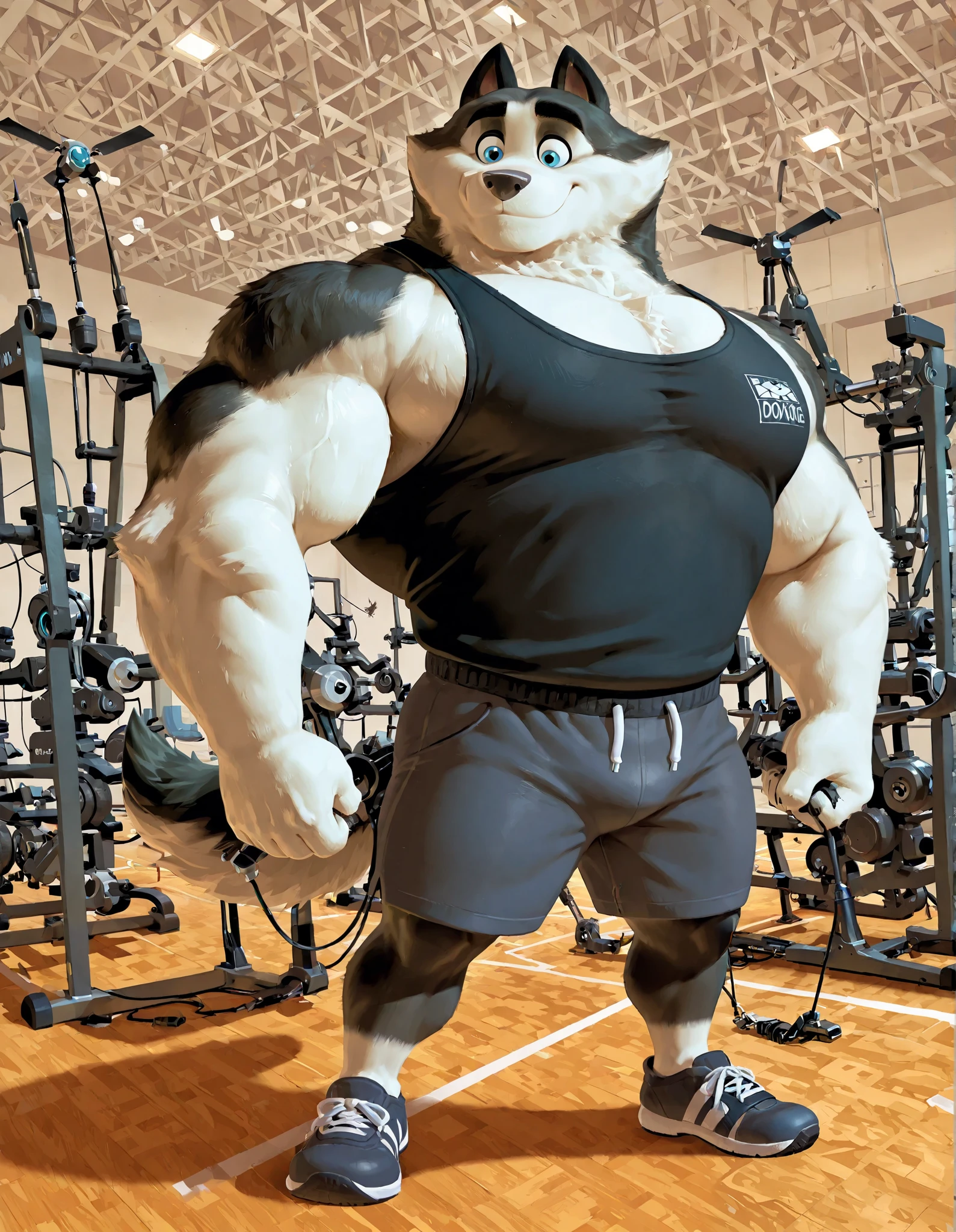 Duke (Arctic Dogs), anthro dog, black fur, white fur, male, blue eyes, high quality, full body, focus on chest workout, Cable Crossover Machine, Cable Fly Machine, solo, gym background, thick arms, muscular, black tank top, dark gray gym shorts, gym shoes, cable crossover row, working out,