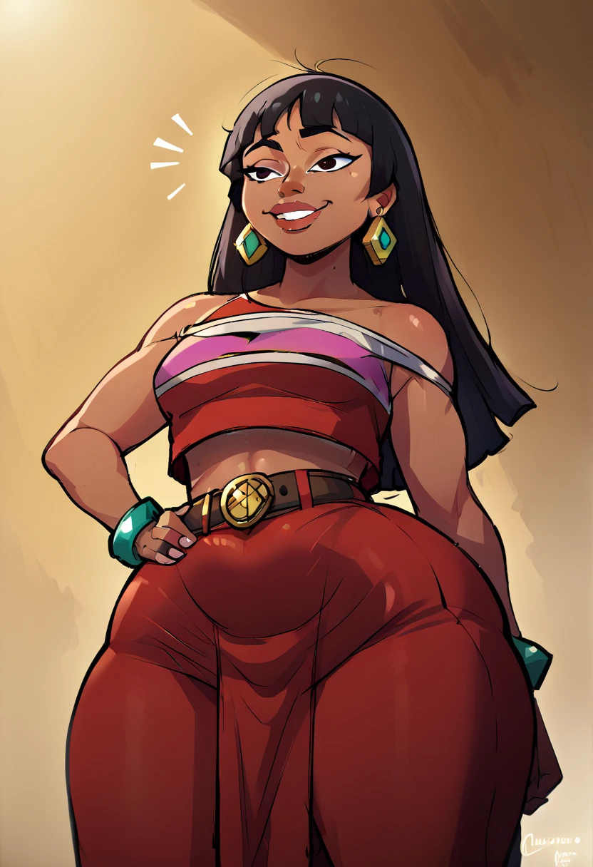 a sexy woman big breast long black hair wavy braids wears red belly bra and long red pants Arabia happy