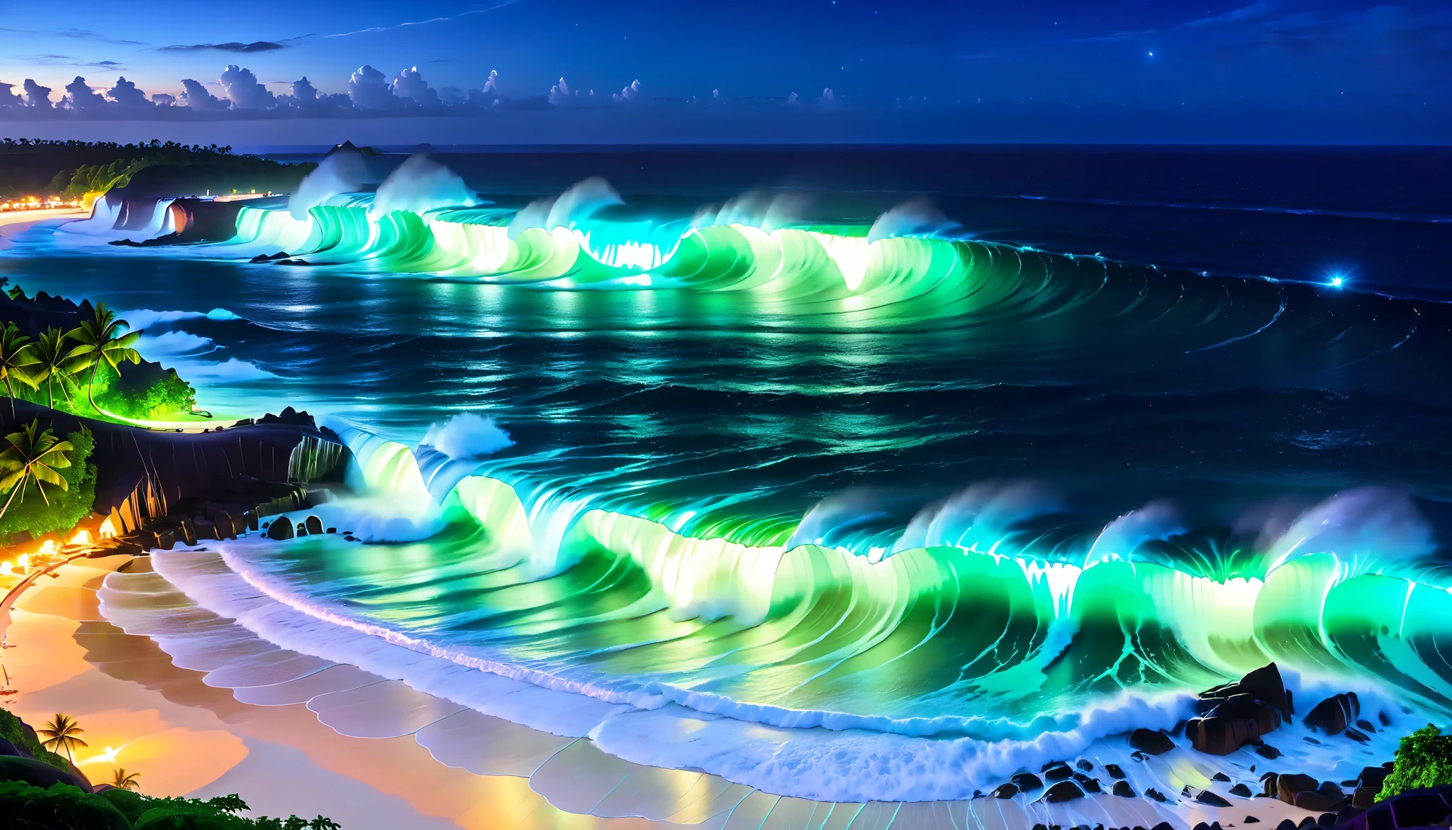 超high image quality,high image quality,high quality,Spectacular views at night,Tropical Beach, light green to bright green ,The ocean breeze is blowing,blue fluorescent beaches expand spectacular ocean views,(There are also dark purple and orange single-luminescent beaches with blue light shining over huge waves), very mysterious and beautiful ,Glowing Waves , night light appears on waves , emits ,Biofluorescence,Various microorganisms are the light source, that shines steadily , shows all kinds of light ,Glows from blue to bright blue-green、 fiery red , Ndulu Island also has 、There are also dark purple and orange single-light beaches, Maldives,The shining Milky Way Galaxy is clearly visible in the sky,big wave,