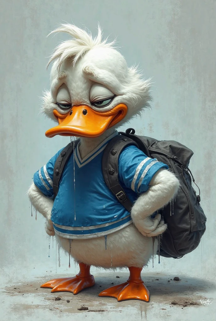 I want a duck crying with sadness with a bag on its back and a blue and white team outfit crying a lot