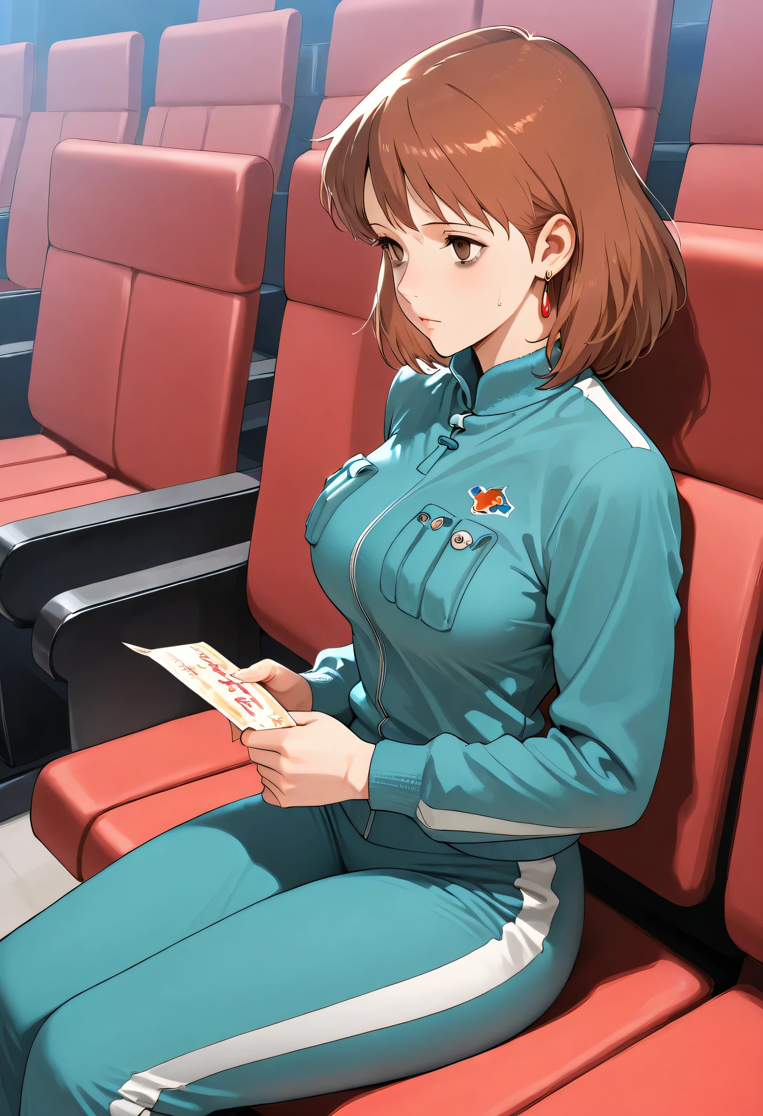 8k high score, great score, masterpiece, best quality, very ultradetail aesthetic, High quality, Ultra detailed, best quality, insanely detailed, beautiful, masterpiece (cowboy shot) from side shot, from above:1.2 (perfect detail face:1.0),1girl (solo:1.1) (40 years old) mature female Nausicaa,1girl,brown hair,medium hair,brown eyes, ((green full zip tracksuit:1.2)) medium breasts,, empty eyes voluptuous under eyes despair:1.2 leaning to seat sweat:1.1 (sitting arena high position audience seating:1.2) (holding tickets:1.3)