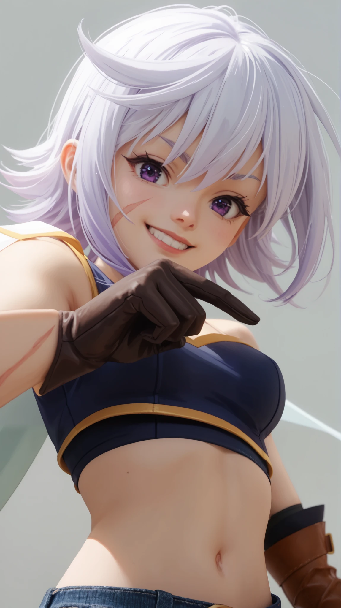 Puntuación 9, Puntuación 8, Puntuación 7. Chris from KonoSuba, Konsubáeris, Eris, short white hair, vibrant purple eyes, signature scar. She is wearing a dark blue crop top, denim shorts with gold trim, black gloves, white thigh-high stockings, and brown boots. She has a confident smirk while resting one hand on her hip and the other near her chin in a teasing manner. The perspective is dynamic, viewed from above, creating a strong sense of depth. Anime-style, cel-shaded shading, clean linework, soft lighting, white gradient background, high detail, ultra HD, masterpiece --ar 16:9 --v 6 --style raw --q 2 --stylize 750