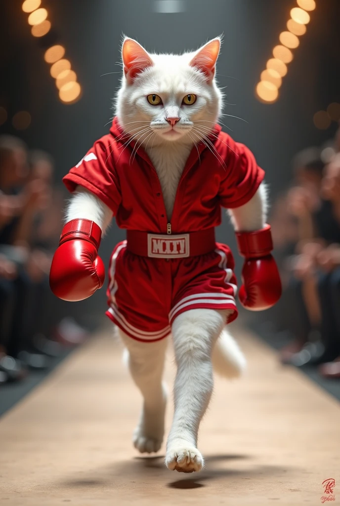 Imagine a large ( white cat )with a gym-toned body, six pack body,dressed in sleek boxing clothes and a hood, confidently walking downa redcarpet.The ( white cat white cat )muscular form and determined stride exude strength and focus. Surrounding the carpet, a throng of enthusiastic fans cheer and wave banners, showing their unwavering support. The lights flash and the energy is palpable as ( )makes its way towards the arena, embodying the spirit of a champion ready to take on any challenge. This scene captures the moment of triumph and the overwhelming support of adoring fans, photo, illustration, 3d render, cinematicLess