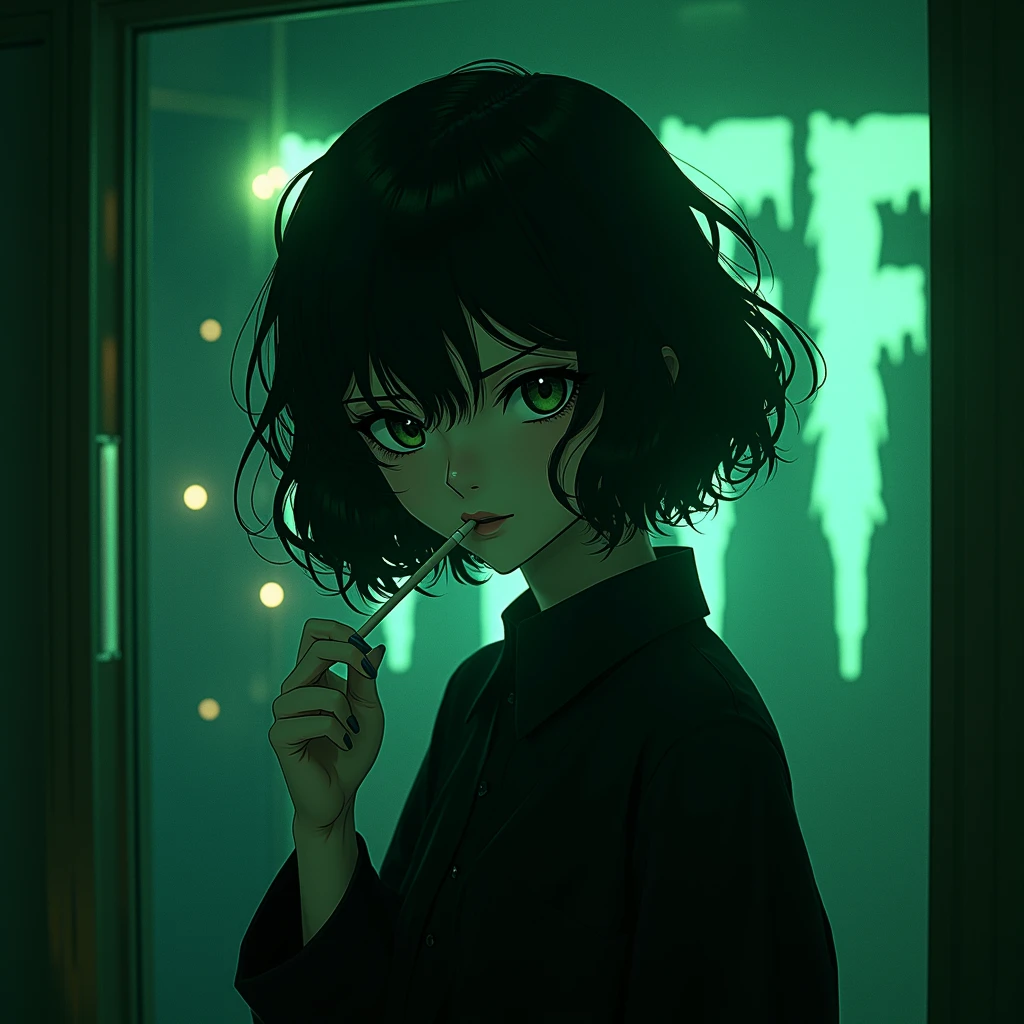 Black hair with green inner color、Bob、Tank top cardigan、whisky、Dark room at night、Back view、anime、An illustration、beautiful