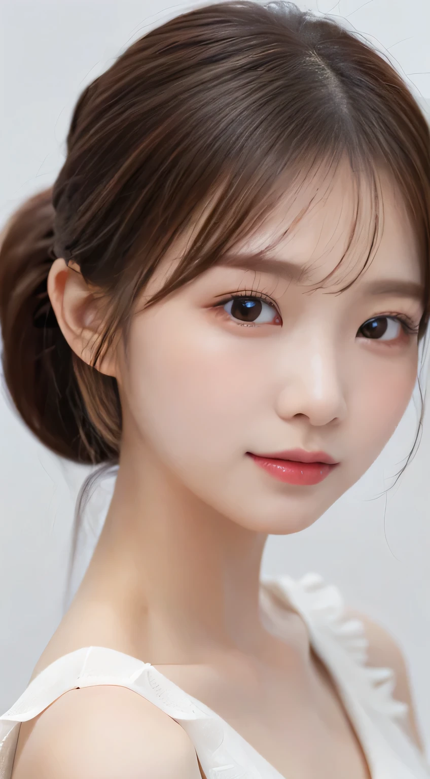 (beautiful girl、cute face、stares at viewers:1.3)、top quality,8K image、 perfect double eyelids、happy、natural color makeup、Moist lips、white skin、(low ponytail、 Strongly Blurred White Background 、camisole、 frill、sleeveless:1.3),summer、Well-Shaped Breasts