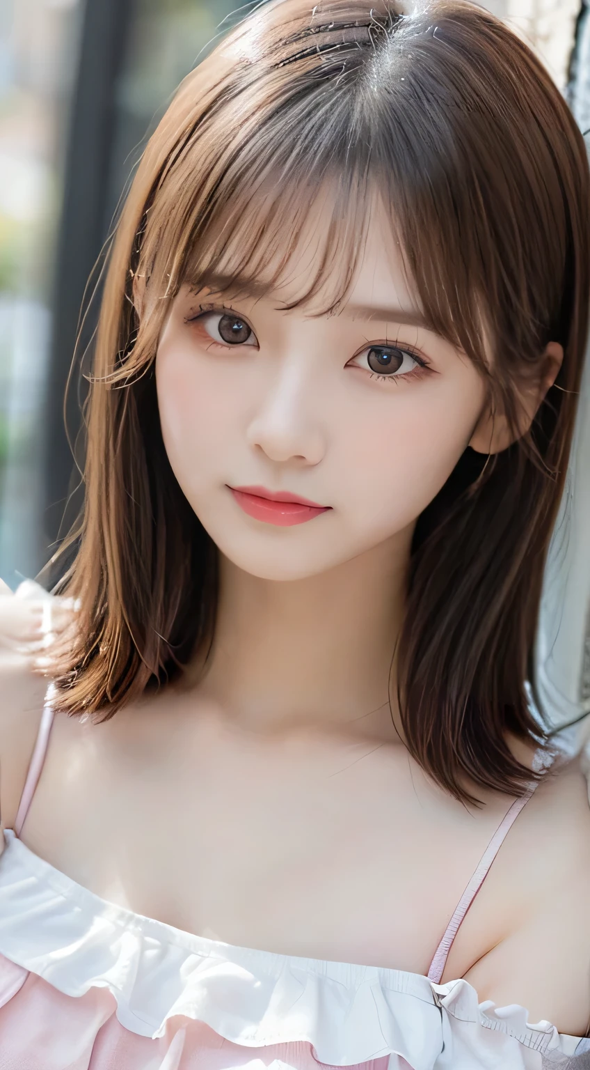 (beautiful girl、cute face、stares at viewers:1.3)、top quality,8K image、 perfect double eyelids、happy、natural color makeup、Moist lips、white skin、(straight hair、medium hair、straight hair, Strongly Blurred White Background 、pink camisole、 frill、 frill、summer:1.3),Well-Shaped Breasts