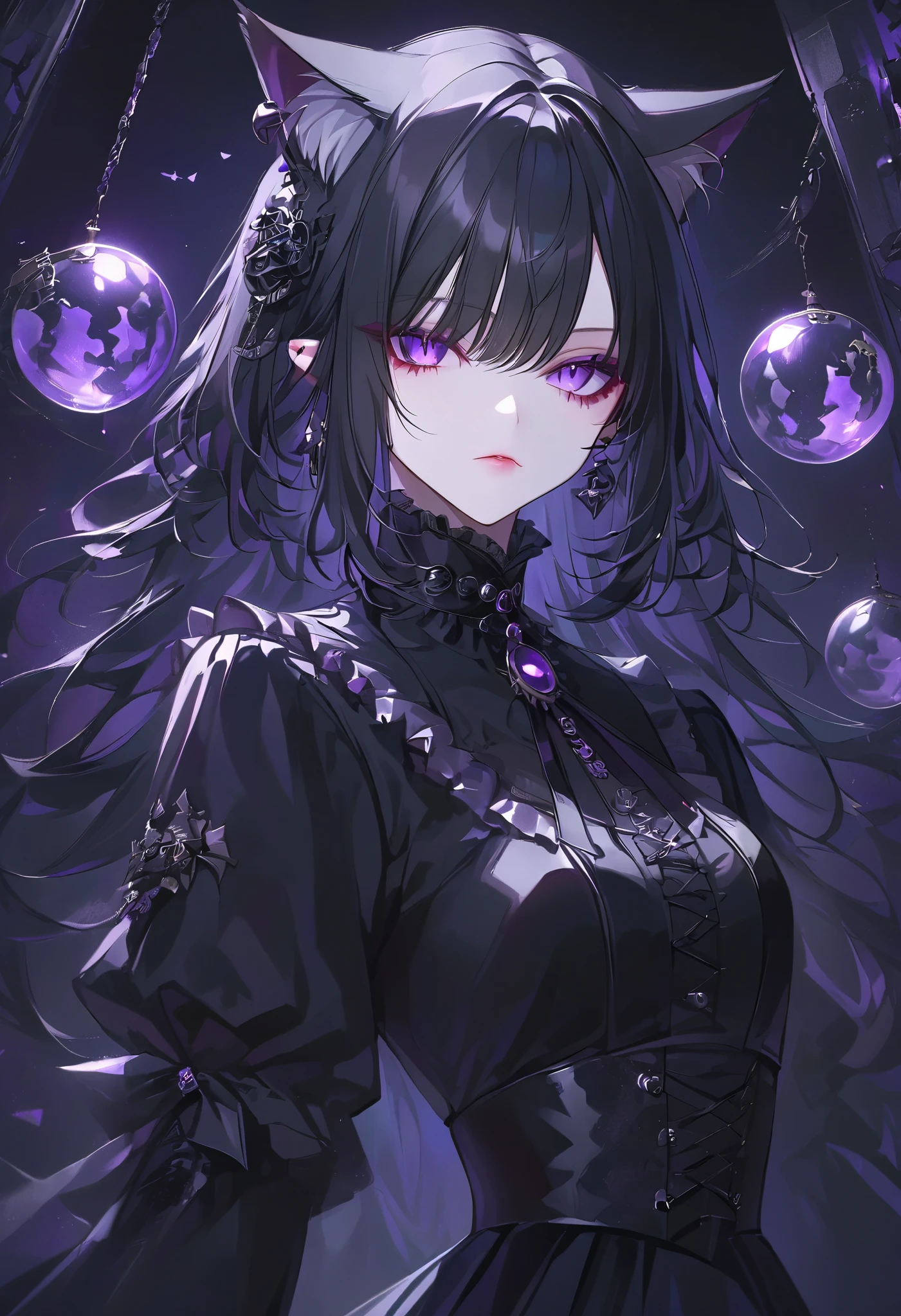Woman with long dark hair 。Cat ears。bangs。dark vibe。gothic dress costume。night。Ball。