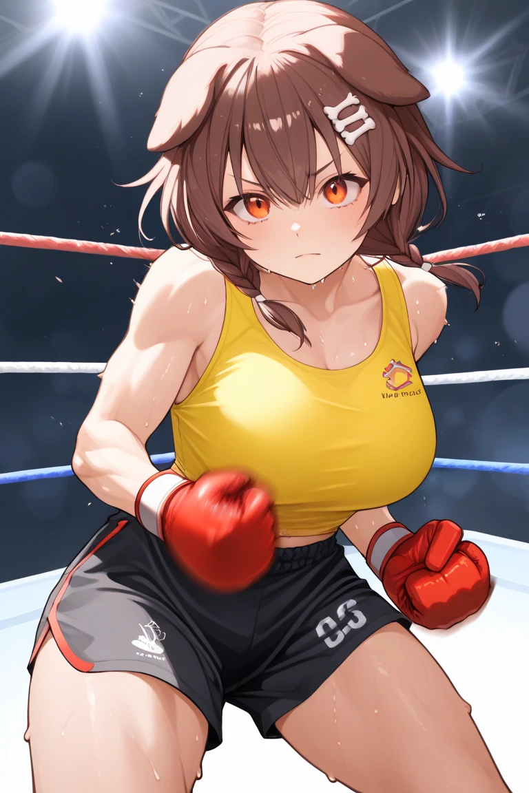 Short cropped brown hair,Female boxer,((Red Boxing Gloves)),((Black Sports Bra)),well-muscled,abdominals,Large woman,((Lying on your back)),Sweat and saliva all over the body,Large down,steam,downtime,knockout,((One lady)),Boxing matches,Close both eyes,I'm opening my mouth,M-shaped legs