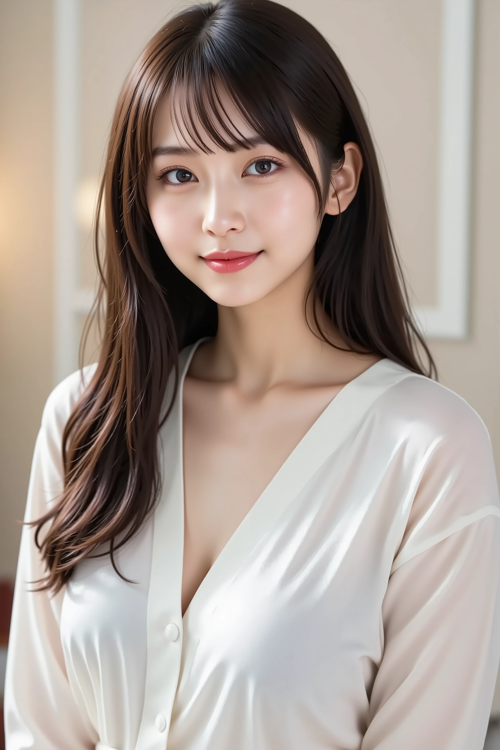face positioned accurately in the center of the image, Upper chest, head is fully reflected with tight tension, face is clearly visible as a full body shot, white shirt, Women's Room Background 、long hair around my chest, Bangs, smile, young and cute Japanese face, Official Art, high image quality CG Unity 8k wallpaper, Ultra high image quality, very detailed, high image quality, film grain, lens flare glow, top quality, 8k, as a portrait, 8k, viewer, masterpiece, top quality, very detailed, it's cute, sexy, very detailedな, Detailed Features , beautiful, illustration of a woman having a penis, beautiful Japanese woman, Women's 1, tight breasts