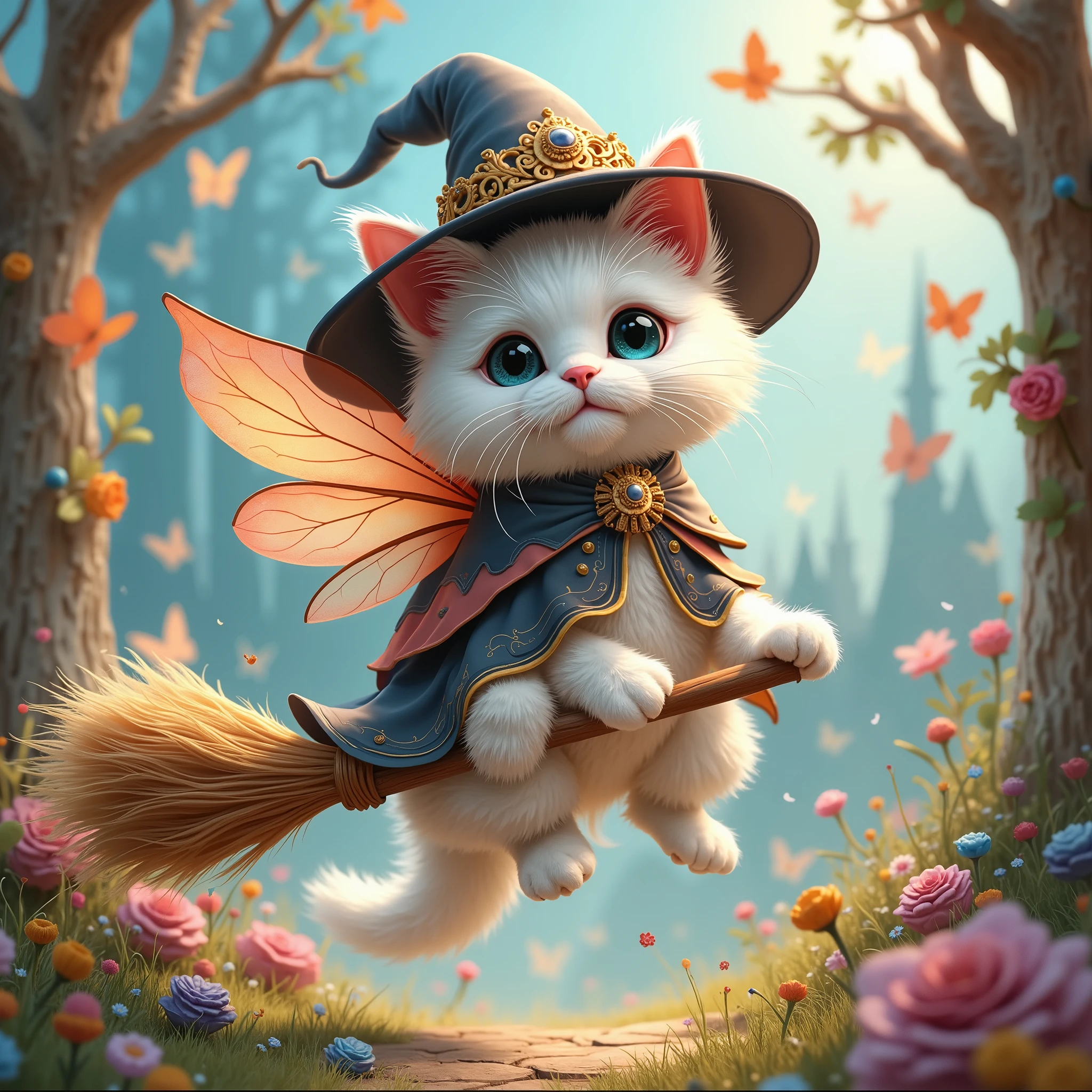 cat、cute、Witch Hat、Witch's Clothes、Riding a broom、fluffy、fufufu、白いcat、 ,Fairy, Imagine Butterfly Wings, Beautiful clothes,(high definition, high detail, best quality), Medium breasts