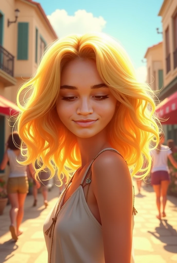 a young woman with yellow hair and a white sleeveless dress at a shopping mall, pixar style, cinematic, masterpiece, high-aesthetic, realistic , portrait