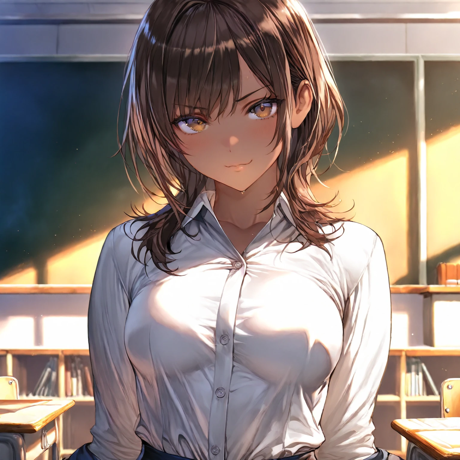 ((Tabletop, Highest quality, High resolution, Hmph, Pixel perfect, 4K, Hmph, Hmph))), One Girl, single, alone, Beauty、The whole body is visible、 ((Short Wavy Hair, bangs, Brown Hair)), ((Brown eyes, Beautiful eyelashes, Realistic eyes)), ((Detailed face, Blushing:1.2)), ((Smooth texture:0.75, Realistic texture:0.65, Realistic:1.1, Anime CG Style)), Medium chest, Dynamic Angle, Perfect body, ((school uniform,  White shirt, Black Skirt, Unbuttoned shirt、Checked skirt、I'm not wearing shoes、White Sox)), An empty classroom、Sit at a desk、Lower&#39;I took my feet off the desk..............................、evening、、、Very embarrassing panic smile、(Lift up your skirt with your right hand、Spread your legs、Knees wide open、Light blue floral lace panties)、、(Cute floral bra)、Angle from below