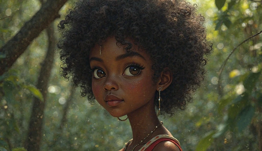 A picture of moon, A little afro girl with bright eyes and curious expression and beautiful smile, Talking to other children