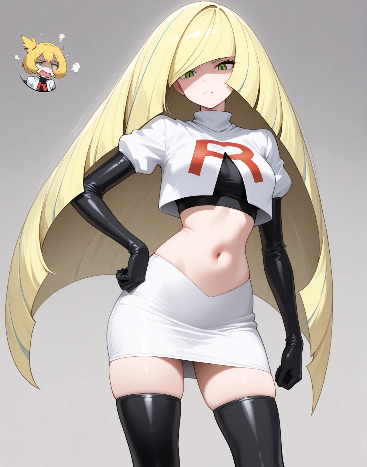cynthia (pokemon), 1girl, solo ,blonde hair, blue eyes ,hair covering one eye, hair ornament ,glossy lips, earings ,team rocket uniform, red letter R, white skirt,white crop top,black thigh-high boots, black elbow gloves, closed mouth, evil smile, looking down on viewer, sitting down ,legs crossed, night sky background