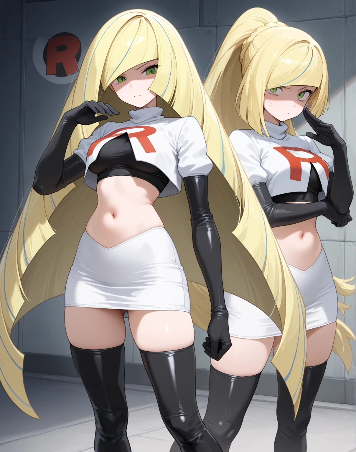16k works,Highest quality,18-year-old,No background.White background only,whole body、Kneel,Dynamic and sexy pose, One person, Beautiful Face,, Symmetrical eyes, Perfect body, Good balance、 Perfect body、black nurse uniform, ((Black legwear, zettai ryouiki)), Black elbow gloves, Twin tails, Yellow Hair, ((Black surgical mask, Covered Nose)),