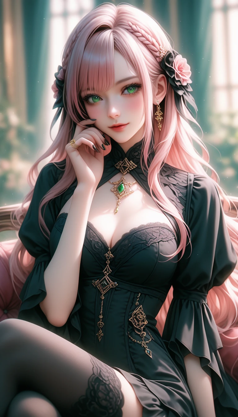 High quality, high resolution, beautiful girl with long hair, pink hair and pink eyes, black gothic ta outfit, bag, Korean glitter eye makeup, very delicate makeup, shiny hair