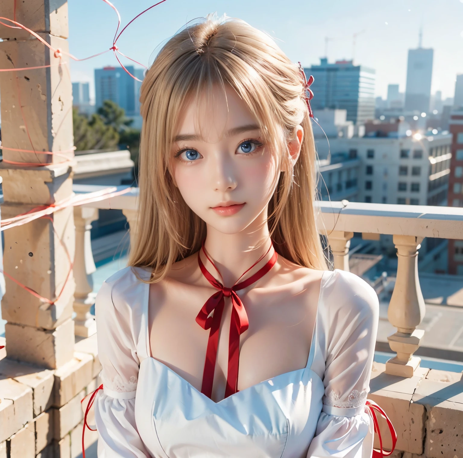 8K quality, pictures, Two beautiful men and beautiful women, Beautiful like a goddess, people are hazy at the Great Library, above chest shot at the ruins, (White blouse with red thin string ribbon tie:1.2), (Fine silver glasses), (Sparkling, beautiful light blue eyes and blond hair:1.2), Hair flying in the wind, Whitening skin like white porcelain, Half Up with Bangs, On the roof, extremely beautiful eyes, real,