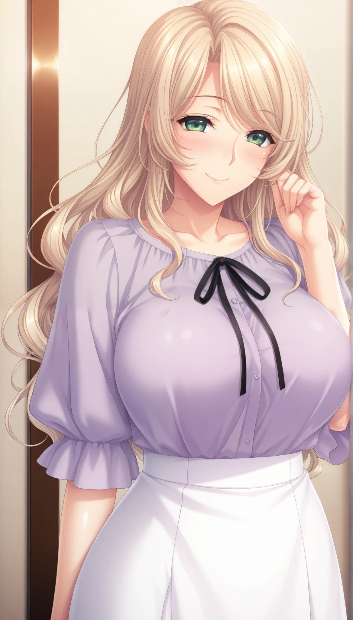 masterpiece, best quality, good quality, 1girl, blonde_hair, long_hair, wavy hair, parted to side, green eyes, medium breast, slim, mature, game cg style,blush, horny, slutty, smile, white skirt, shirt