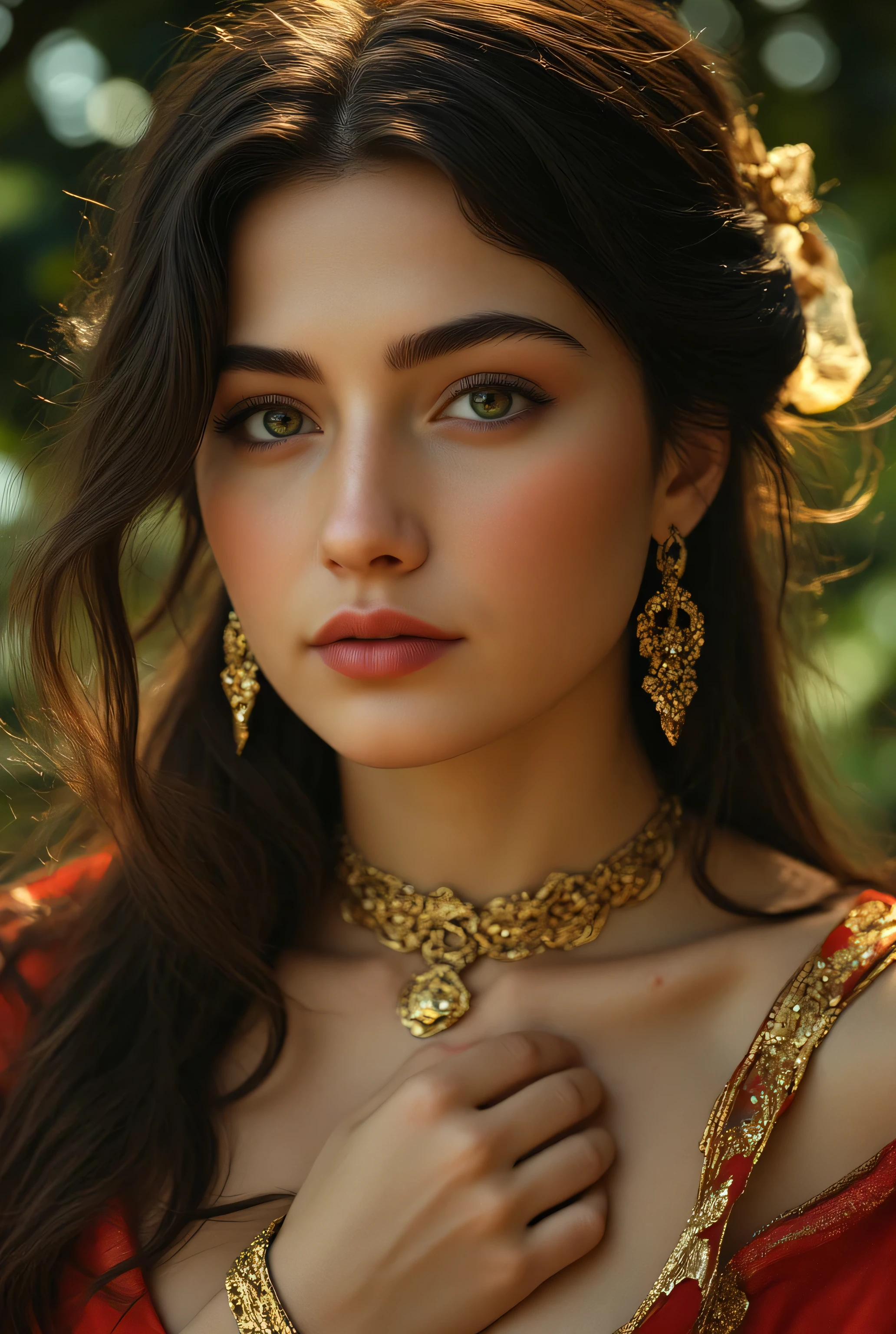 [Portrait of a beautiful woman, adorned in gold jewelry, gazing pensively, serene and slightly melancholic mood], [Digital painting, hyperrealistic style with elements of fantasy], [Reference to the style of Alphonse Mucha and contemporary digital portrait artists], [Soft, warm lighting emphasizing the gold accents, subtle bokeh in the background suggesting a lush natural setting,  rich textures in the fabrics and jewelry,  smooth skin rendering with slight freckles,  muted greens and browns in the background contrasting with the warm golds and reds of the clothing and jewelry,  85mm lens simulation, shallow depth of field]   dramatic.,, masterpiece, , epic composition, photorealistic, high quality, extremely detailed