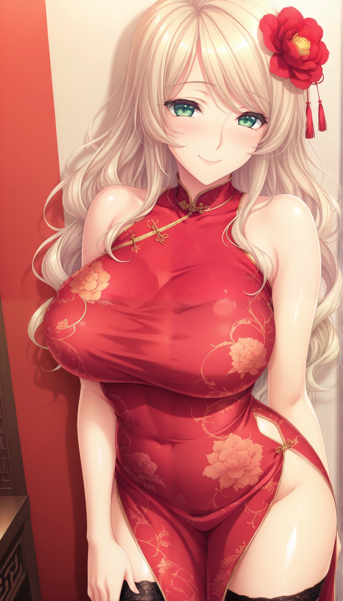 masterpiece, best quality, good quality, 1girl, blonde_hair, long_hair, wavy hair, parted to side, green eyes, medium breast, slim, mature, game cg style,blush, horny, slutty, smile, dress, chinese clothes, flower, hair flower, hair ornament, china dress, thighhighs