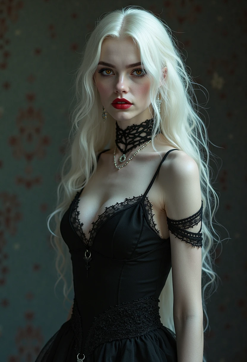 Photorealistic portrait of a vampire girl, У нее long light hair, Young woman, standing at full height in the dark, She is wearing a black short dress with a plunging neckline, Beautiful breasts, detailed chest, Black openwork stockings, black high heels, Detailed face, dark makeup, Seductive look, (sexual) Outside, fangs visible, Blood runs down his lips, bright glowing eyes. long light hair, realism, pale detailed skin, bright red eyes, very detailed skin, loose hair, Realistic skin, Gothic attire, Canon,4K, mysterious, Gothic, Sexy beautiful vampire girl, High 8K Image Quality, detailed image 16K.