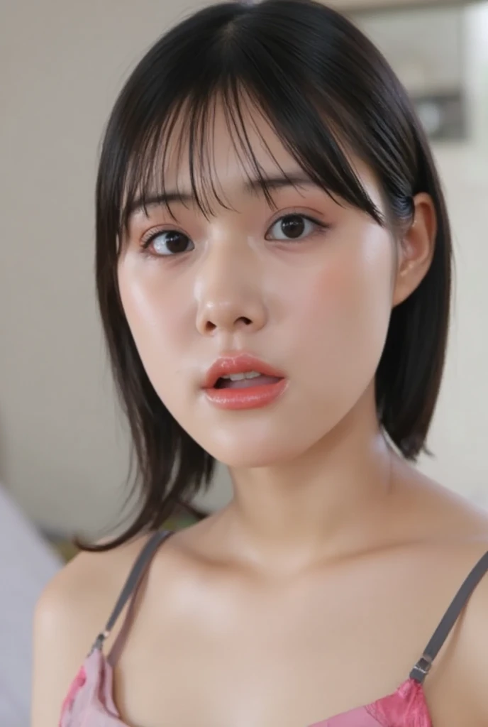 image of one woman、kneel、look up、Upper eye line、big breasts、big breasts cleavage、Light pink nipples、Black underwear、、Smooth skin、masterpiece、highest quality、8k photo、（close ~ eye）An excited look、A wistful look、blushing face、Excited expression、please open your mouth、(wrinkles at the corners of the eye:1.1),28 year old female、Please bring your face closer to the audience、Pretty wet and shiny lips、Kissing Face、