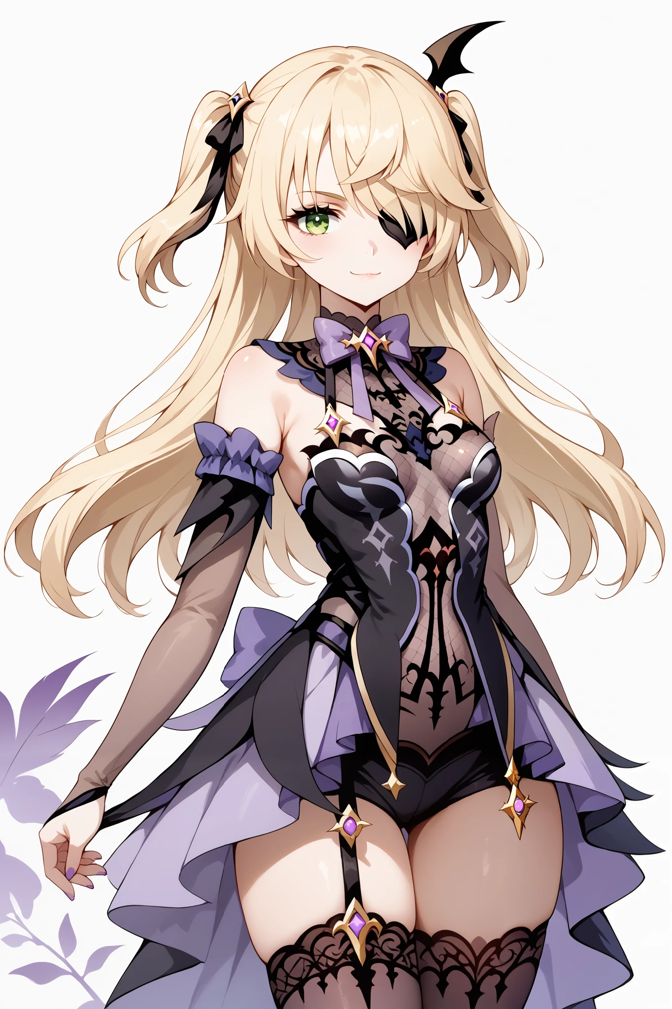 (Realistic painting style:1.1), masterpiece, best quality, absurdres, fischl (dunkelnacht sakrament) (genshin impact), green eyes, (white pupils:1.2), fischl (genshin impact), medium_breasts, asymmetrical sleeves, detached collar, detached sleeves, 1girl, solo, two side up, blonde hair, eyepatch, long hair, thighhighs, gloves, looking at viewer, open mouth, garter straps, bow, smile, breasts, single thighhigh, hair over one eye, single glove, bowtie, bangs, black background, dress, black thighhighs, bare shoulders, fishnets, ribbon, hair ribbon, small breasts, purple bow, black gloves, purple bowtie, bodystocking, single leg pantyhose, cowboy shot