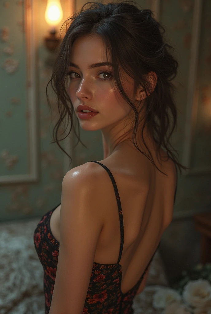 highres, masterpiece, perfect ligthing, bloom, cinematic lighting, adult, perfect skin, female, (looking at camera:1.35), realistic skin,realistic, (photorealistic:1.3), woman, soft light, perfect face, ray tracing,extremely detailed cg, High quality shadow, a realistic representation of the face, Detailed beautiful delicate face, Detailed beautiful delicate eyes, extremely detailed skin texture, tan, Hailey Grice, slender, slim, eyeliner, red lips, night,(full body:1.2), bokeh, small breasts, black jumpsuit, backless, sexy pose, view from behind.
