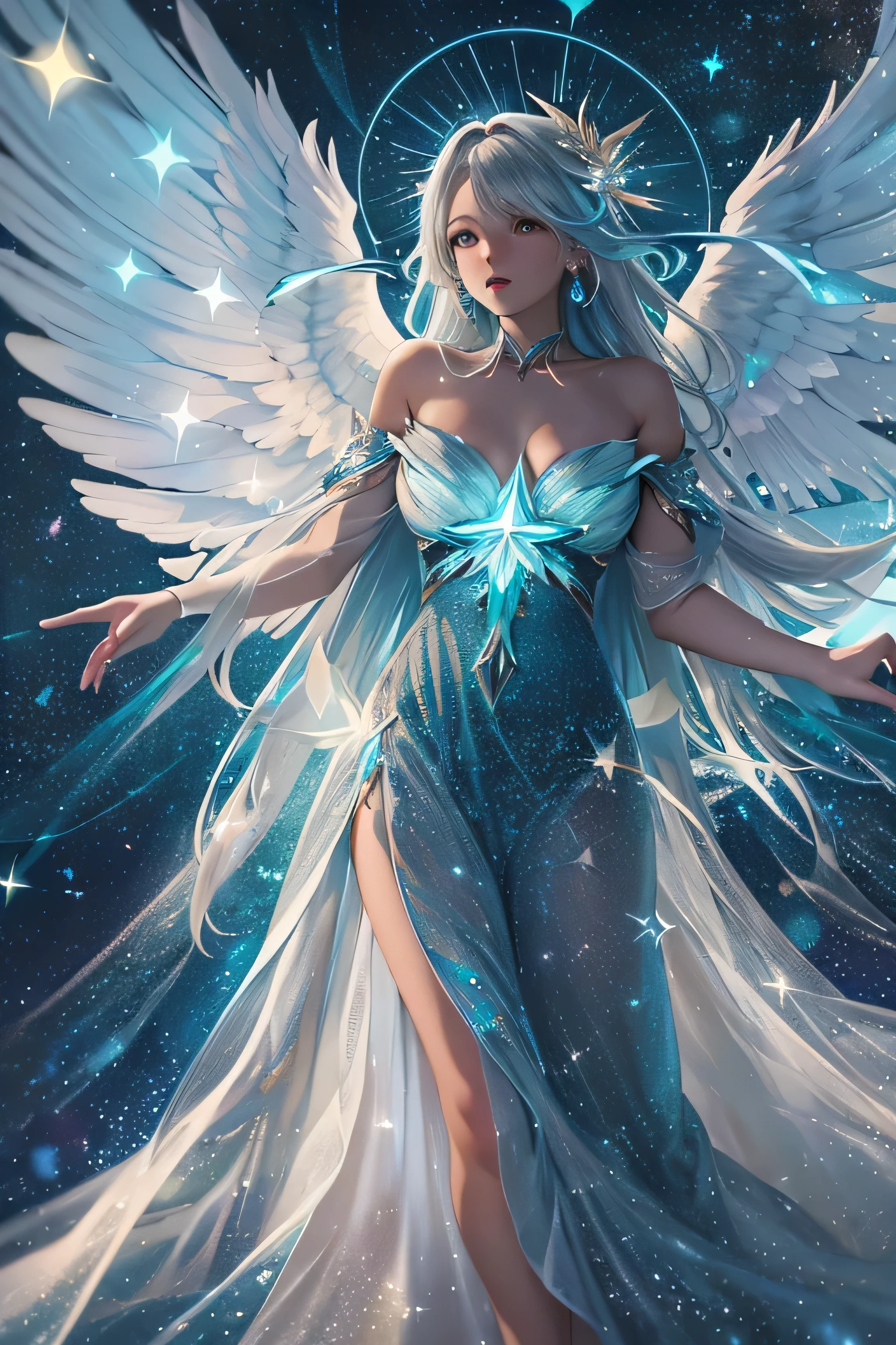 Arafed, a picture of a female angel in high society prom event, divine beautiful feminine angel, (blue hair: 1.4), long hair, flowing hair, the hair glows in a soft light, cerulean eyes, deep light eyes, divine feminine face, she wears a ((purple and red evening dress: 1.5)), elegant, intricate detailed dress, silk dress, small cleavage,  ((dress is decorated with white flowers: 1.4)),  she wears elegant knee high heeled boots, exquisite knee high heeled boots, she stands on the porch of a fantasy castle, dynamic angle, soft torch light, (Masterpiece: 1.5), 16k, highres, best quality, high details, ultra detailed, masterpiece, best quality, (extremely detailed), AngelStyle,  angel_wings, Angel, flower dress