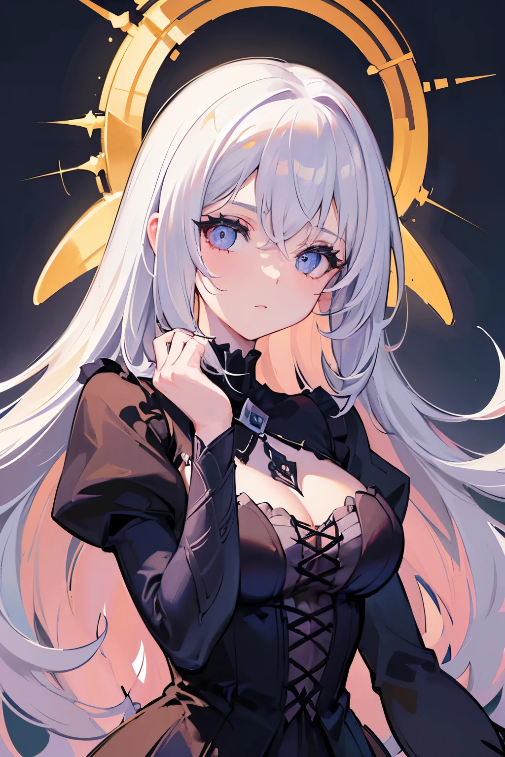 1girl, anime, cute girl, blank background, white background, fantasy, detailed dark fantasy dress with highlights, beautiful face, beautiful eyes, dark colors, silver hair, slightly small breasts, slight cleavage, beautiful skin, cute, breast curtains, extremely delicate and beautiful, (beautiful detailed face:1.0), (detailed deep eyes), symmetrical breasts, deep eyes, shiny skin, portrait, slender waist, hips wider than shoulders, thighs, young girl, expressionless, luminous eyes