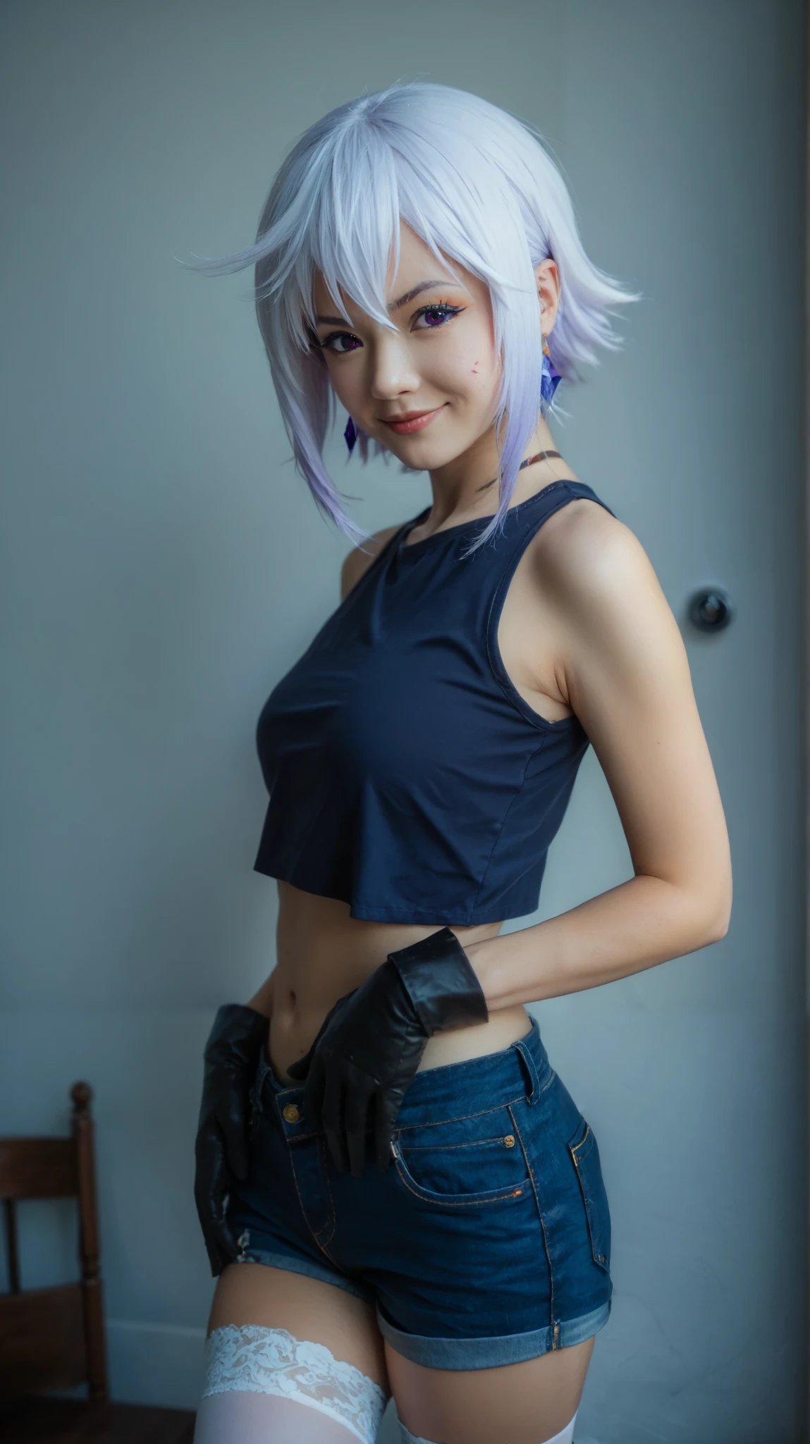 Puntuación 9, Puntuación 8, Puntuación 7. Chris from KonoSuba, Konsubáeris, Eris, short white hair, vibrant purple eyes, signature scar. She is wearing a dark blue crop top, denim shorts with gold trim, black gloves, white thigh-high stockings, and brown boots. She has a confident smirk while resting one hand on her hip and the other near her chin in a teasing manner. The perspective is dynamic, viewed from above, creating a strong sense of depth. Anime-style, cel-shaded shading, clean linework, soft lighting, white gradient background, high detail, ultra HD, masterpiece --ar 16:9 --v 6 --style raw --q 2 --stylize 750, asian, realistic, cinematic, photografy