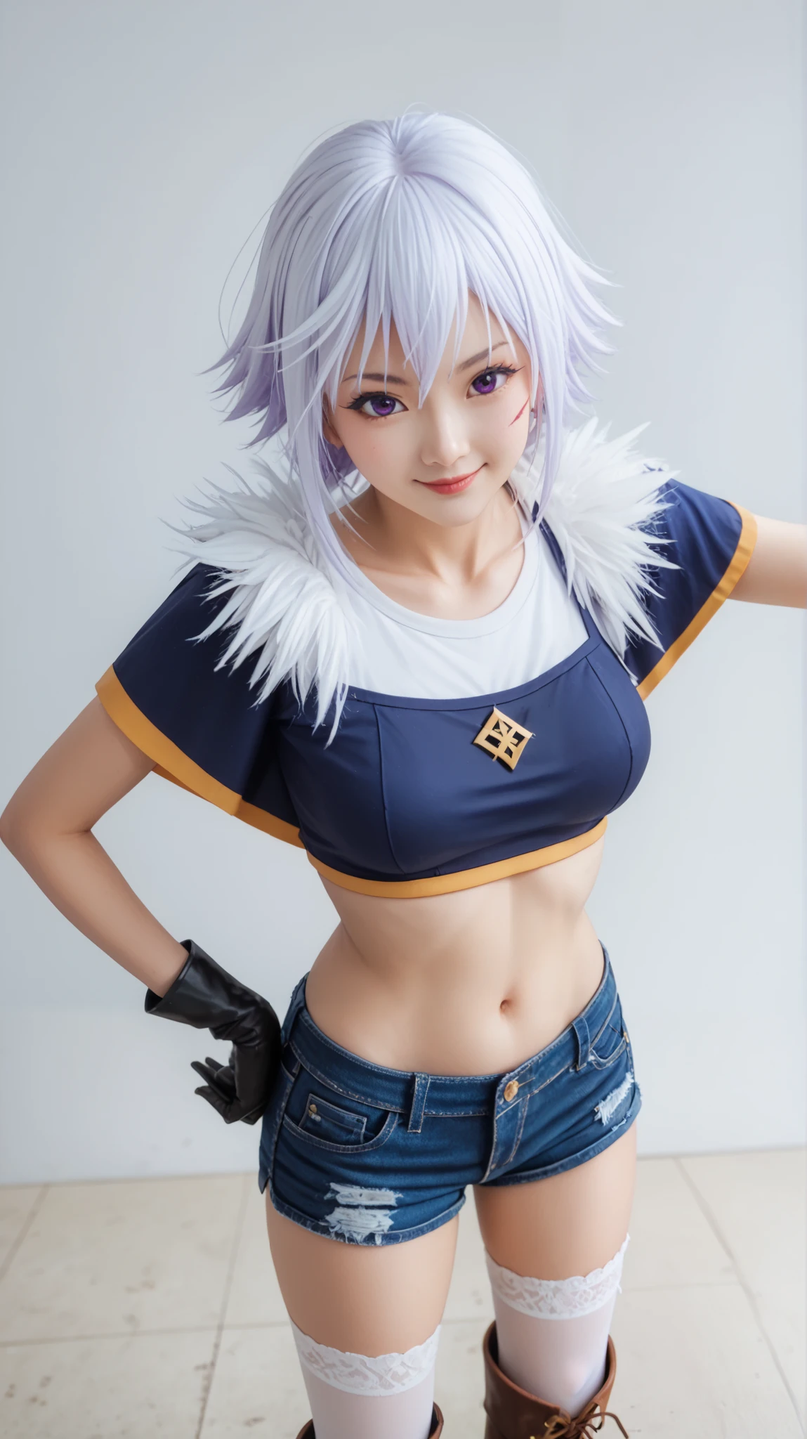 Puntuación 9, Puntuación 8, Puntuación 7. Chris from KonoSuba, Konsubáeris, Eris, short white hair, vibrant purple eyes, signature scar. She is wearing a dark blue crop top, denim shorts with gold trim, black gloves, white thigh-high stockings, and brown boots. She has a confident smirk while resting one hand on her hip and the other near her chin in a teasing manner. The perspective is dynamic, viewed from above, creating a strong sense of depth. Anime-style, cel-shaded shading, clean linework, soft lighting, white gradient background, high detail, ultra HD, masterpiece --ar 16:9 --v 6 --style raw --q 2 --stylize 750, asian, realistic, cinematic, photografy
