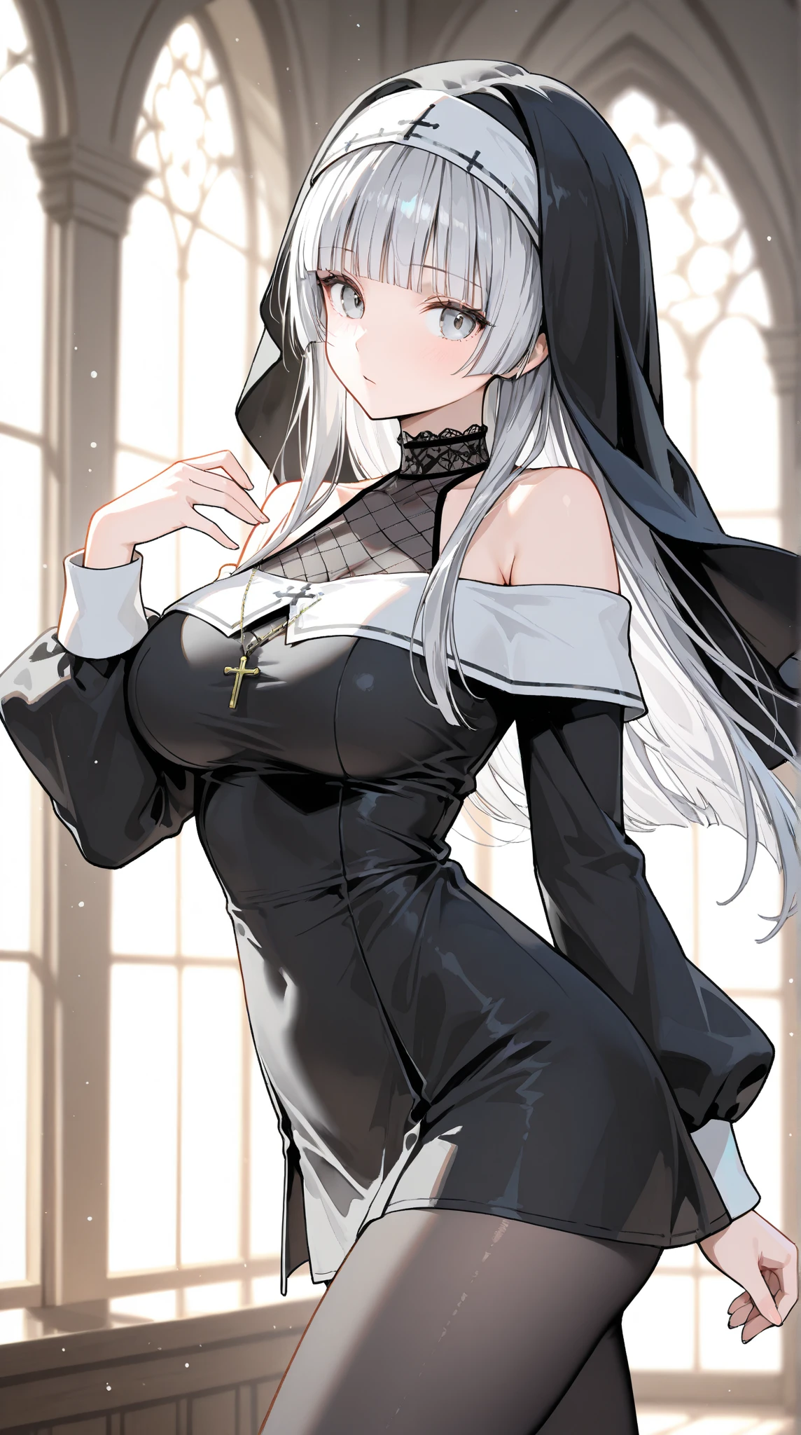 Masterpiece, top quality, best quality, official art, beautiful and aesthetic, anime, 1girl,extremely detailed, colorful, more detailed ((ultra-detailed)), (highly detailed CG illustration),Best Quality, High resolution, Unity 8k Wallpaper, (Illustration:0.8),extra detailed face,deteiled eyes,sharp, Perfect Lighting, extremely details CG, (Perfect hands, Perfect Anatomy), church, benches, icons, candles, dark light, crosses, 1girl, nun,long white hair,green eyes,lace body,medium breast,skinny fit,long legs,stockings,stocking suspenders,thighs,in middle,looking in camera,laying on floor, from above.