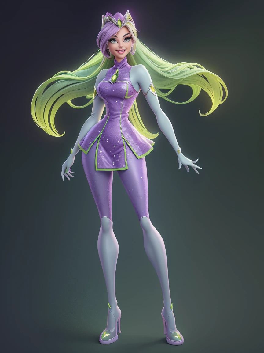 obra-prima, melhor qualidade, trabalho de rending 3d, estilo 3DMM, 3D, 1girl, solo, cabelo multicolorido, cabelo amarelo, cabelo laranja, colar, sardas, joias, cabelo de dois tons, olhando para o lado, realista, de corpo inteiro, fundo simples claro, franja, olhando para longe, cabelo curto, separated-lips, olhos verdes,gotic, gargantilha, maquiagem, vestido rosa claro, sorrindo, lindos dentes, perfect arms, perfect hands, pernas, perfeitas, salto alto amarelo