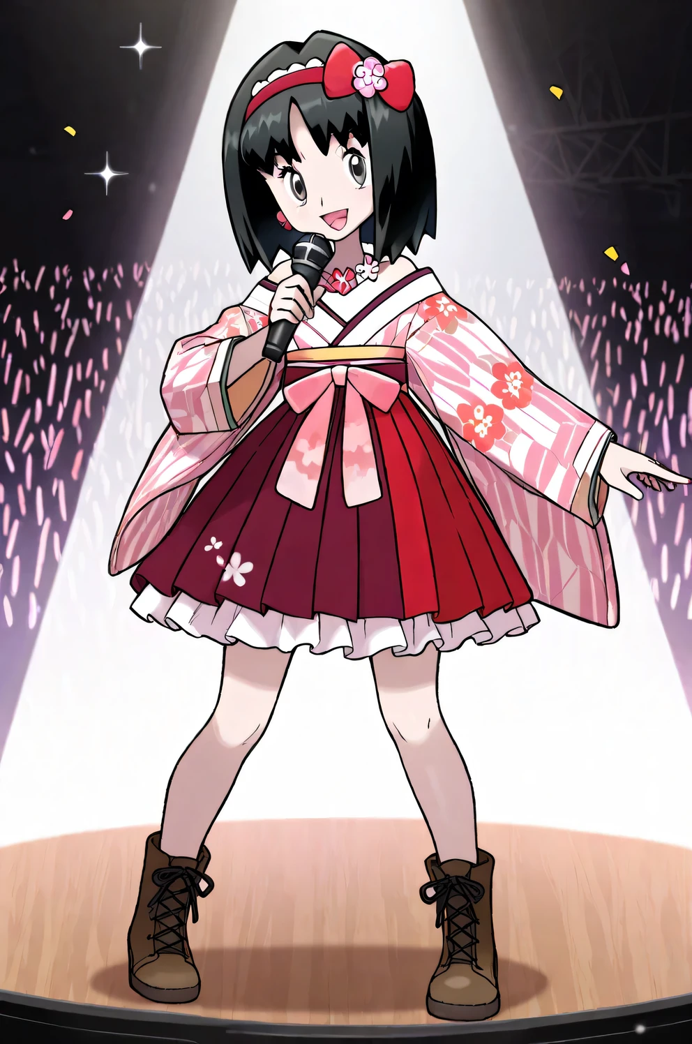 Erika_(pokemon), 1girl, solo, bob_cut, medium_hair, black_hair, parted_bangs, hairband, grey_eyes, eyelashes, japanese_clothes, kimono, pink_kimono, hakama, red_hakama, floral_print_kimono, frills, obi, pink_sash, sash, floral_print_sash, obijime, obijime, obiage, obidome, frilled_kimono, frilled_hakama, hakama_skirt, hakama_short_skirt, yagasuri, frilled_hairband, red_hairband, brown_boots, boots, standing, kimono_skirt, detached_sleeves, puffy_sleeves, layered_sleeves, frills, frilled_kimono, frilled_hakama, bare_shoulders, idol_clothes, idol, kimono_dress, print_kimono, multicolored_dress, multicolored_kimono, hair_bow, bow, red_bow, pearl_necklace, hair_flower, kanzashi, stage, microphone, holding_microphone, flower_ornament, flower_earrings, head_wreath, flower_bracelet, flower_necklace, confetti, singing, glowstick, spotlight, stage_lights, penlight_(glowstick), sparkle beautiful_detailed_eyes, full_body, smile, blush, happy, masterpiece, best_quality, intricate_details, absurdres, artist_sugimori_ken