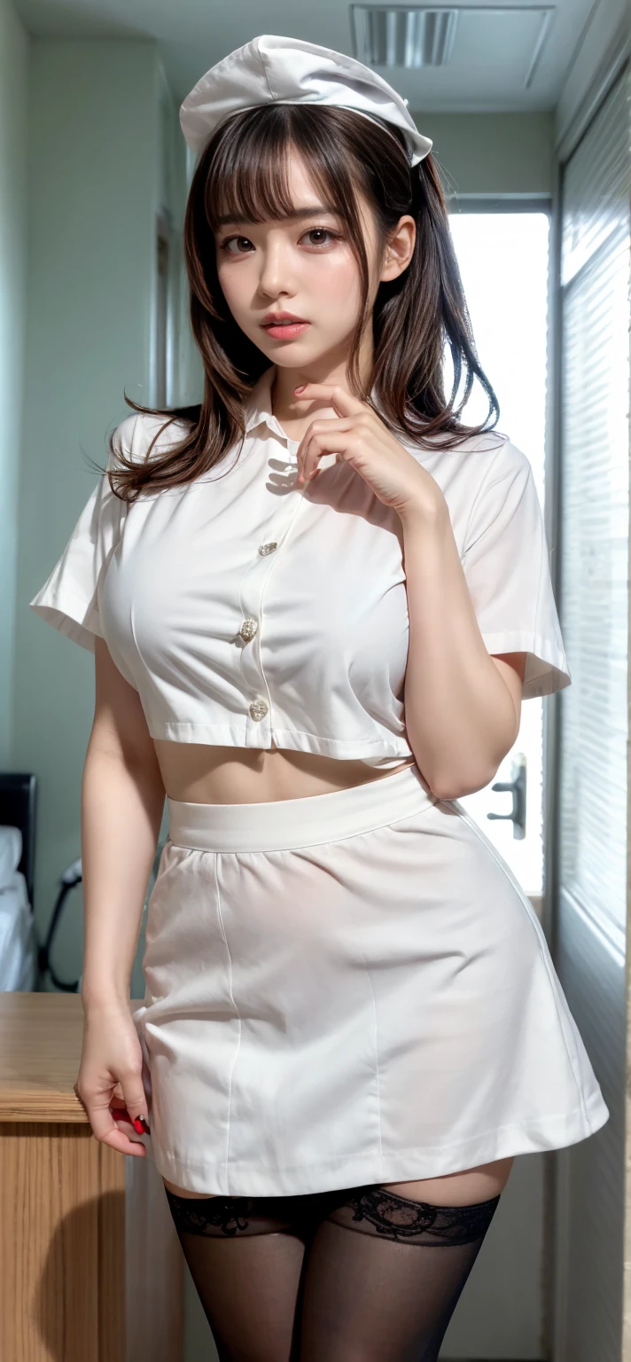 sensual asian woman, white shorts and white buttoned blouse, semi-new, legs spread open, low angle