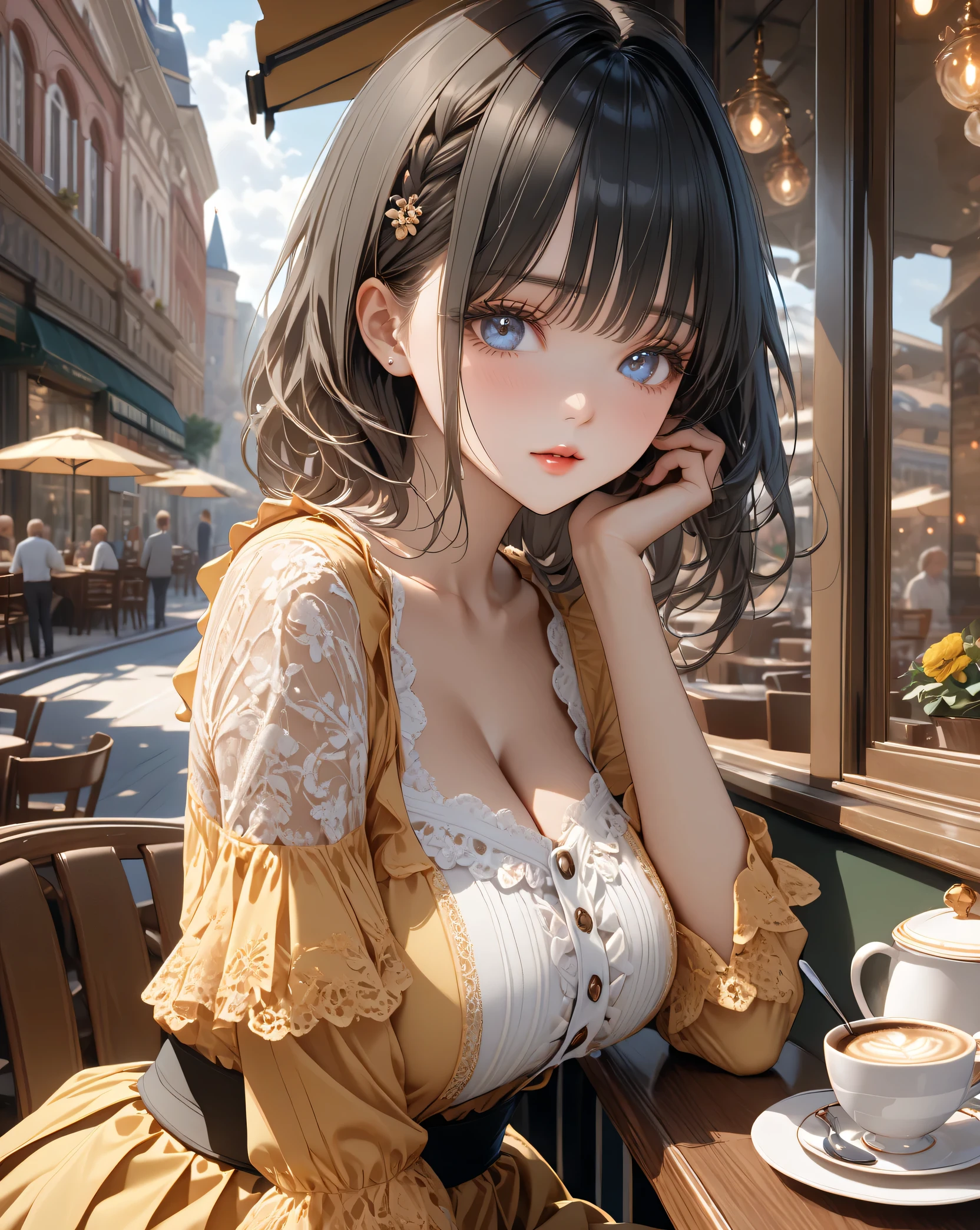 Anime girl with long black hair sitting at a table with a cup of coffee ...
