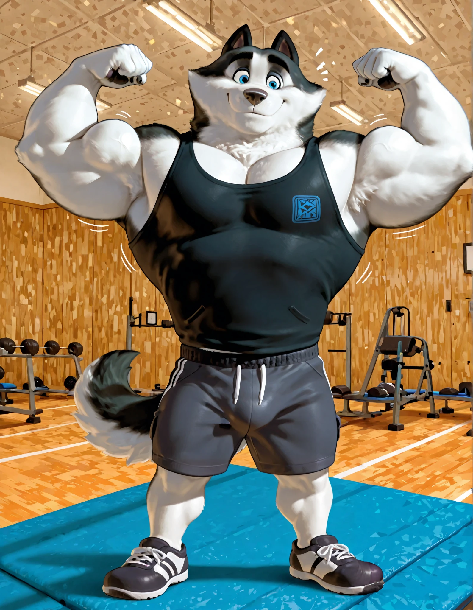 Duke (Arctic Dogs), anthro dog, black fur, white fur, male, blue eyes, high quality, full body, focus on pectoral bouncing, solo, gym background, thick arms, muscular, black tank top, dark gray gym shorts, gym shoes, flexing pecs
