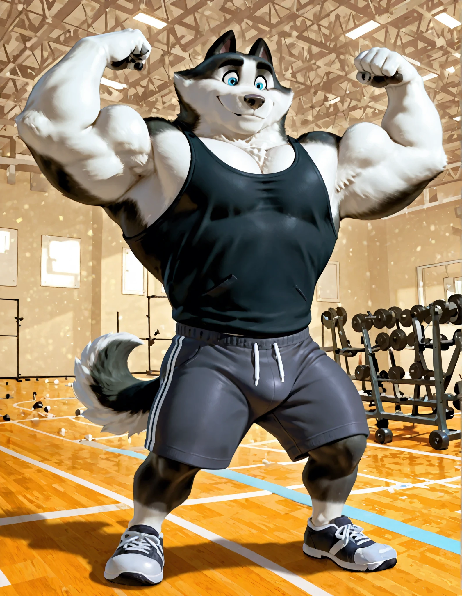 Duke (Arctic Dogs), anthro dog, black fur, white fur, male, blue eyes, high quality, full body, focus on pectoral bouncing, solo, gym background, thick arms, muscular, black tank top, dark gray gym shorts, gym shoes, flexing pecs