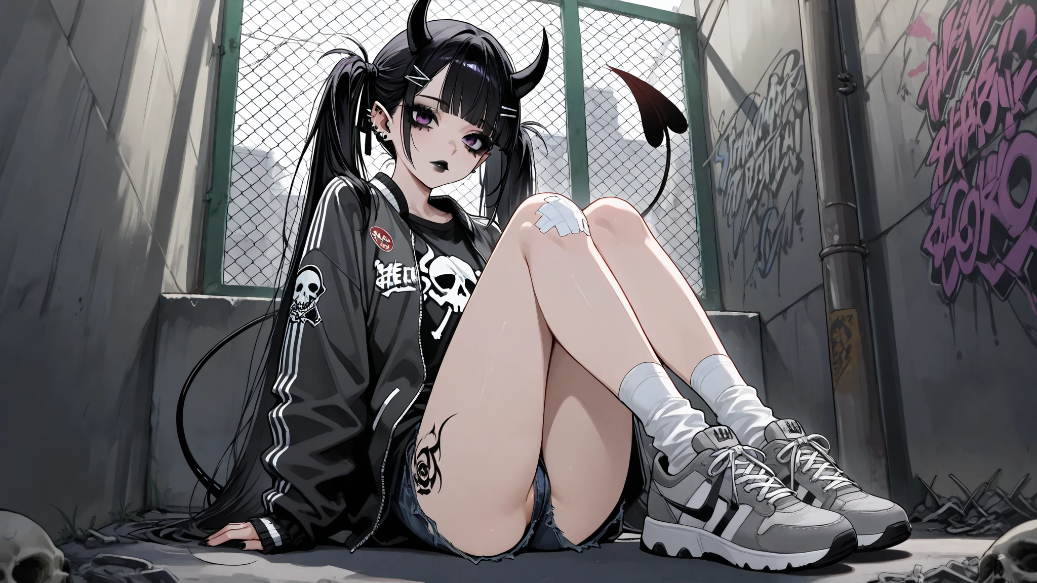 skinny tired girl is belong to emo/goth subculture.  She has obsidian black scene hair with  highlighted white strands, her hairstyle looks as a  long emo bangs that hide half of her face,  long hair gathered in two black high messy spiky long pigtails. She has a lot of hairpins and hair clips on her bangs. Her eyes are purple.  She has black Gothic makeup: black lipstick,black eyeliner and leaking mascara, black eye shadow. She has a lot of piercings and tattoos. She is dressed in a gray torn brand T-shirt with a skull print or metallica band, a bomber sport-jacket, oversized jeans with ripped holes on her knees, and gray sneakers. Her  palms is bandaged. on her forehead  two obsidian black devil horns,behind her back devilish pointy tail. she is hanging around in an alley where the walls are covered with graffiti and the passage is twisted by a chain-link fence. on the background is fogy abandoned city.