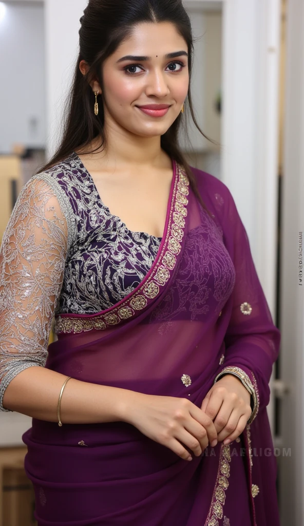(front focus), (Gorgeous Indian curvy women), A beautiful Indian women (((wearing a violet kurta))), (((knee length violet kurta, violet laces kurta, net sleeve, skinny salwar))), deep neck, Indian outfits, beautiful suit, gorgeous looking, ultra detailed face, red lips, high quality picture, candid picture, ultra detailed face, Indian outfits, Indian traditional, elegant costumes, chubby women, ((good proportion)), seducing, realistic background, sexy pose, women, front focus, closeup,