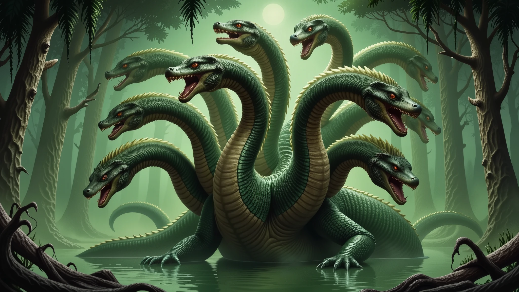 A realistic depiction of the Lernaean Hydra in a swampy environment. The Hydra resembles a lizard with seven heads, like a water dragon, with the coloration of a crocodile. It is surrounded by a mist of green vapor, creating an eerie and mythological atmosphere.